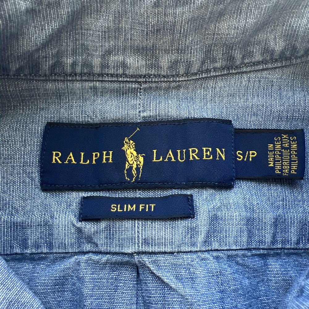 Polo Ralph Lauren Shirt Mens S Slim Fit Chambray Blue Long Sleeve Distressed - Picture 7 of 12
